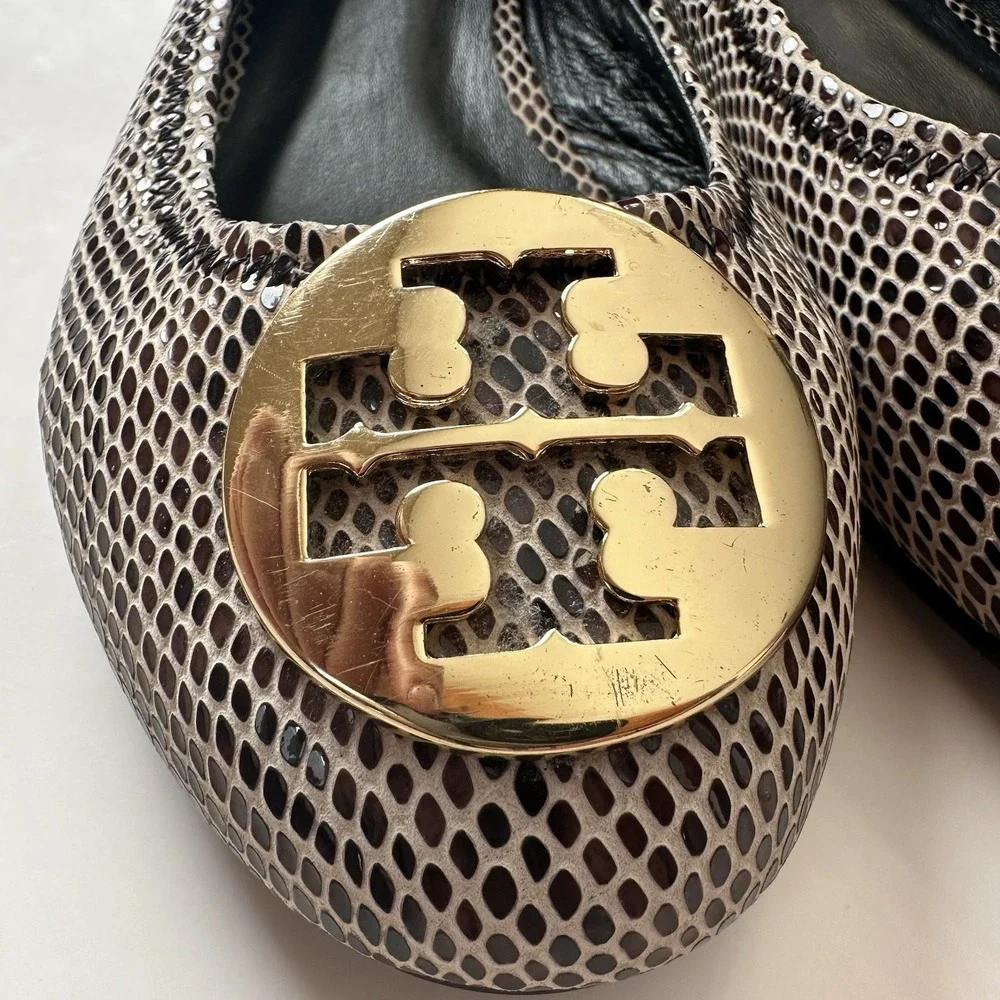 Tory Burch Ballet Flats Womens Gold Snake Print Leather Upper Shoes Size 7 M *R*